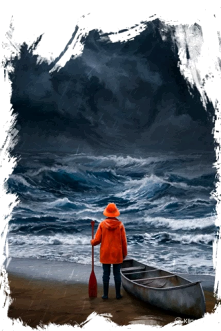 Animated artwork of a raincoat-clad figure with an oar and canoe beside a stormy sea.